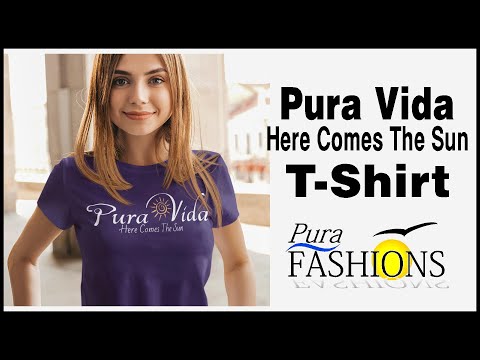 "Experience the joy of 'Pura Vida' in our vibrant T-shirts! Watch as different women embrace life's beauty in various colors, each adorned with the uplifting message 'Pura Vida' and a sun graphic. Available now at PuraFashions.com, set to the uplifting tune of 'A Beautiful Life'."