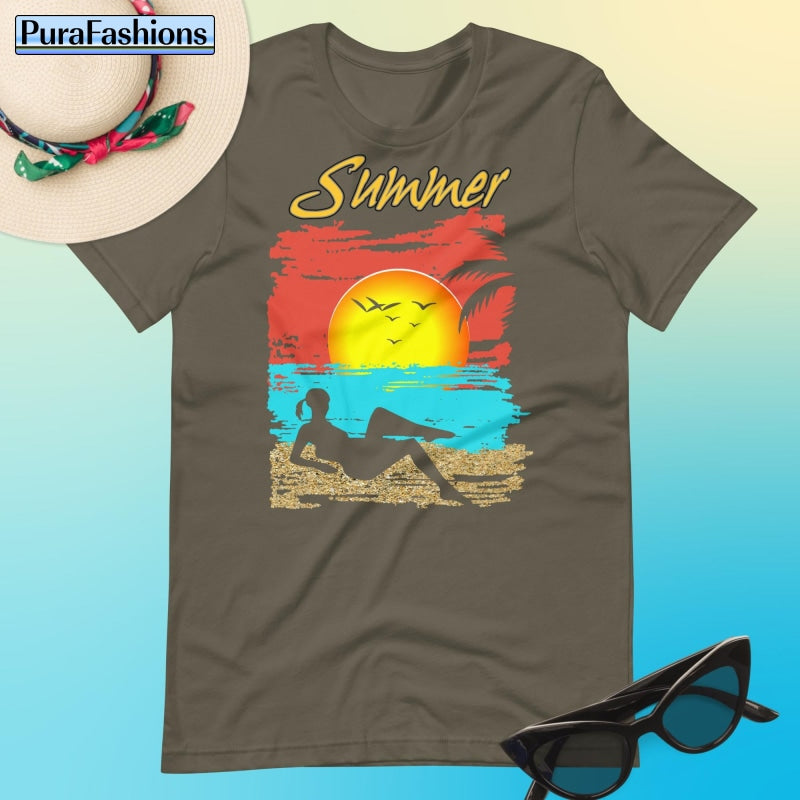"Experience the laid-back charm of summer in our earthy army green T-shirt featuring a tropical beach design and the word 'Summer' displayed prominently. Explore relaxed vibes with every wear. Available now at PuraFashions.com."