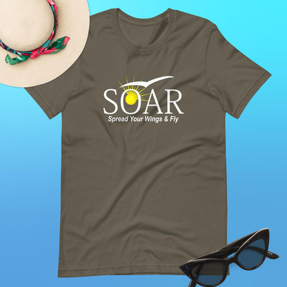 "Army Green T-Shirt featuring 'SOAR' Emblem - Harness the Spirit of Flight with Sun and Seagull Design. 'Spread your wings & fly' - Available at PuraFashions.com. Flat-lay image displaying the front design."