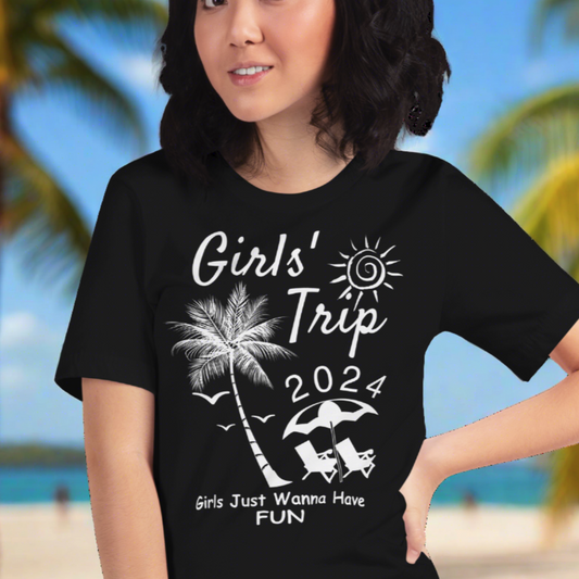 "Join the Journey: Girls Trip 2024 Edition! Elevate your adventure style with our chic black tee featuring the exclusive Girls Trip 2024 design. Find your fashion companion at PuraFashions.com."