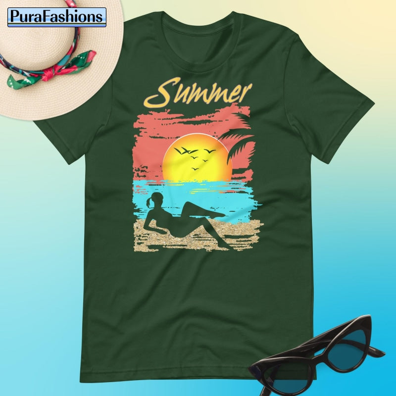 "Capture the essence of nature's beauty in our tranquil forest green T-shirt, featuring a tropical beach design and the word 'Summer' displayed prominently. Embrace the serene vibes of summer. Available now at PuraFashions.com."