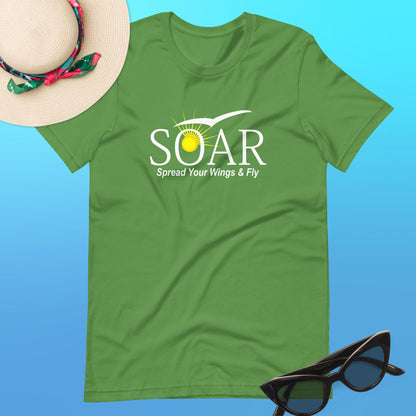 "Leaf Green T-Shirt with 'SOAR' Graphic: Sun and Seagull Design Inspiring Flight. 'Spread your wings & fly' - Available at PuraFashions.com. Flat-lay image highlighting the front design."
