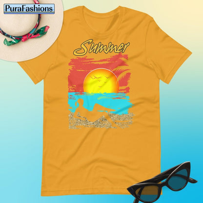 "Bask in the sunny vibes with our vibrant mustard yellow T-shirt adorned with a tropical beach design and the word 'Summer' in bold. Embrace the warmth of the season with style. Available now at PuraFashions.com."