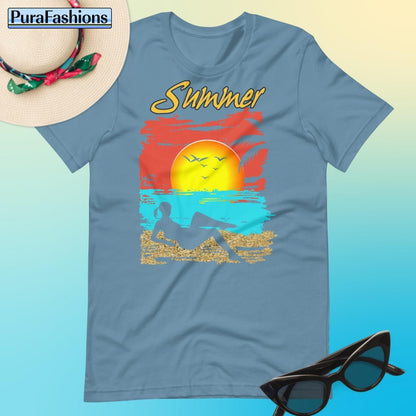 "Embrace the tranquil allure of summer with our steel blue T-shirt featuring a tropical beach design and the word 'Summer' in bold. Find your perfect blend of style and relaxation at PuraFashions.com."