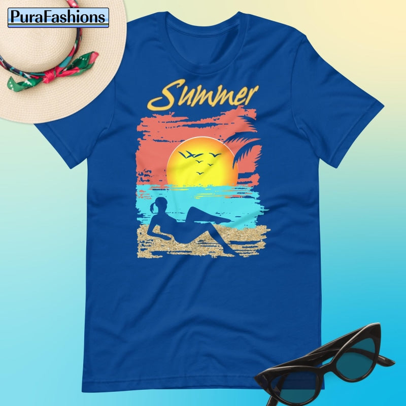 "Step into summer bliss with our regal royal blue T-shirt, adorned with a tropical beach design and the word 'Summer' in bold lettering. Find your perfect summer look at PuraFashions.com."