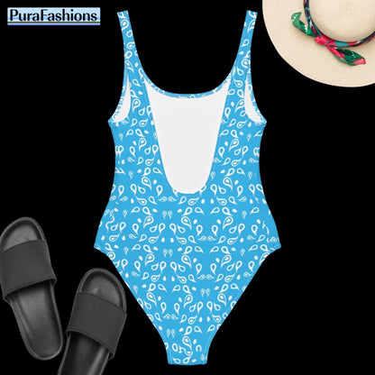 "Sky-inspired sophistication: PuraFashions.com unveils the back view of a one-piece swimsuit adorned with a mesmerizing raindrops pattern on a refreshing sky blue background, laid flat to highlight its whimsical design and effortless allure."
