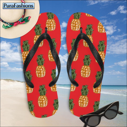 Pineapple on Alizarin Red Beach Flip Flops | PuraFashions.com