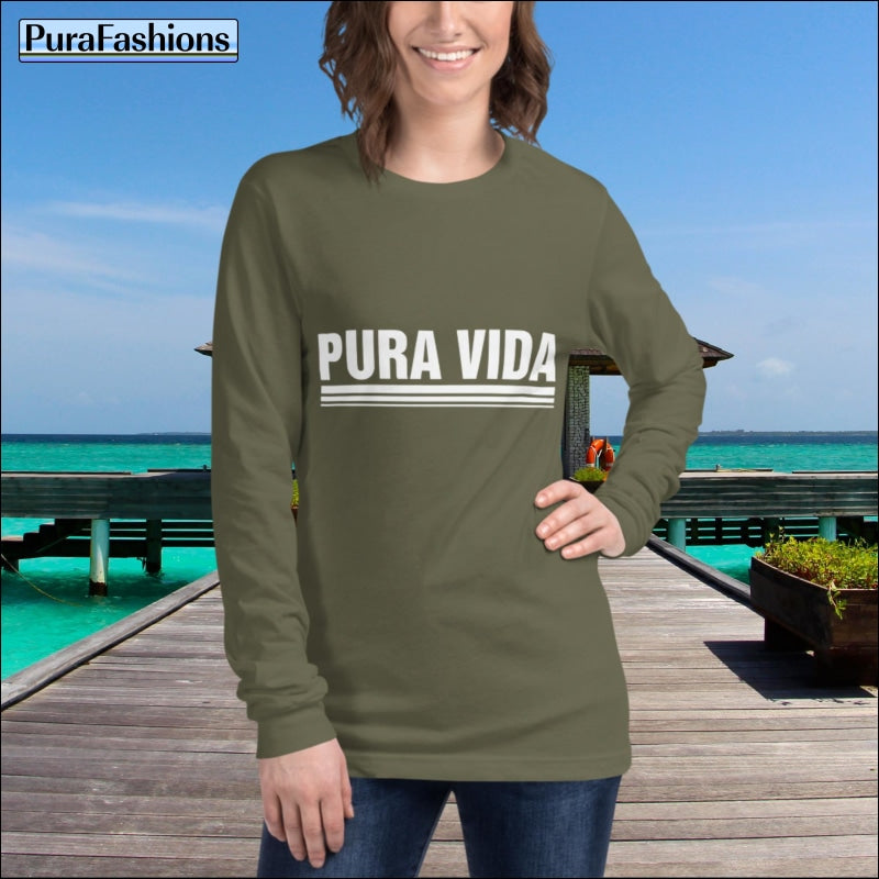 "Infuse your style with the spirit of 'Pura Vida' in this military green long sleeve tee. Make a statement while embracing the essence of living life to the fullest. Find your perfect fit at PuraFashions.com!"