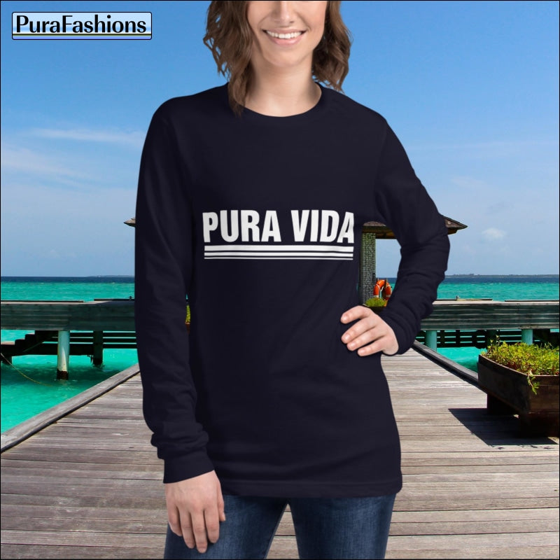 "Experience the essence of 'Pura Vida' in this navy blue long sleeve tee. Effortlessly chic and versatile, this tee is a must-have addition to your wardrobe. Embrace the laid-back lifestyle with style and comfort. Shop now at PuraFashions.com!"