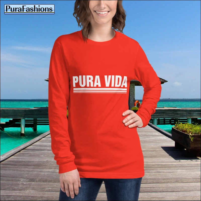 "Brighten up your wardrobe with this poppy-colored long sleeve tee featuring the uplifting message 'Pura Vida'. Add a splash of vibrant energy to your look while spreading positivity. Shop now at PuraFashions.com!"
