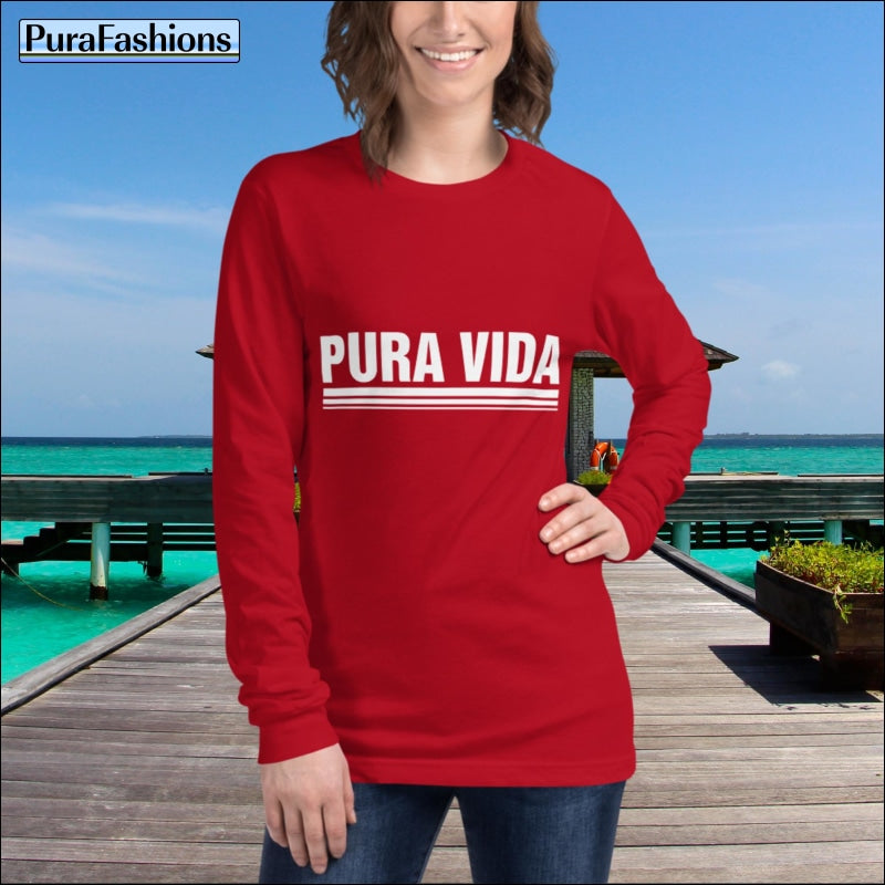 "Radiate the spirit of 'Pura Vida' in this vibrant red long sleeve tee. Make a bold statement while embracing the essence of living life to the fullest. Shop now at PuraFashions.com for your perfect piece of positivity!"