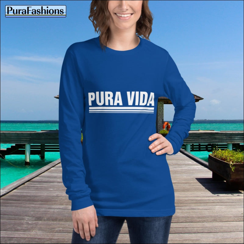 "Indulge in the 'Pura Vida' lifestyle with this elegant royal blue long sleeve tee. Elevate your casual look with a touch of positivity and style. Find yours now at PuraFashions.com!"