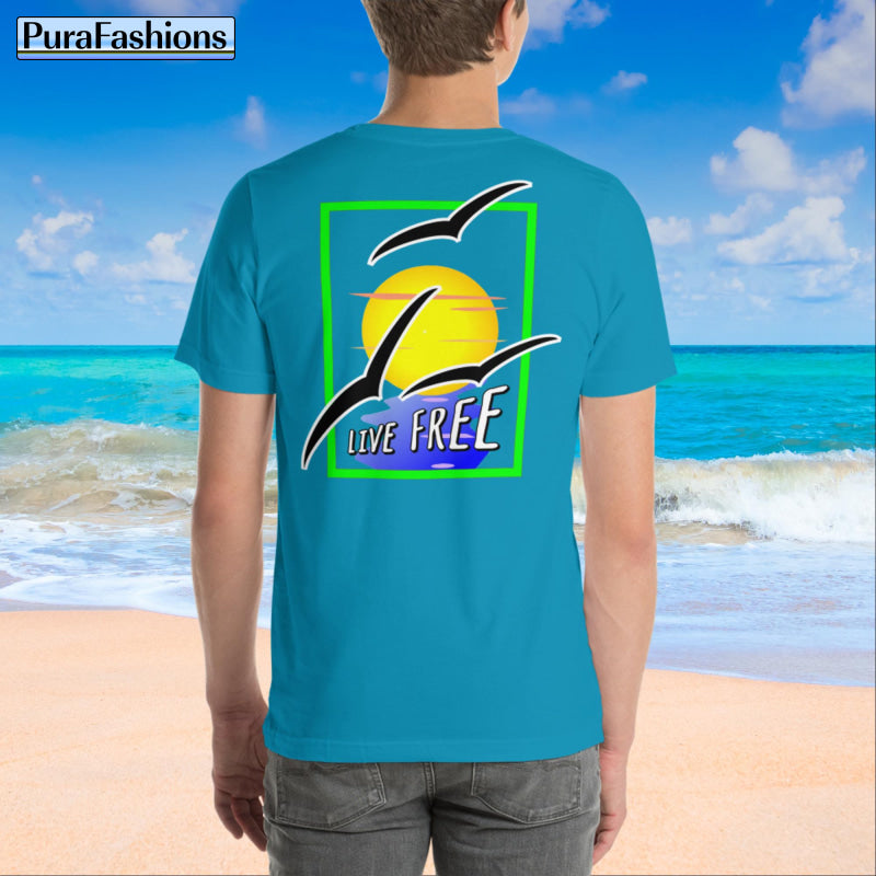 "Back View: Aqua Blue Tee with 'Live Free' Typography and a Striking Sun & Seagulls Design. Available at PuraFashions.com. #EmbraceFreedom"