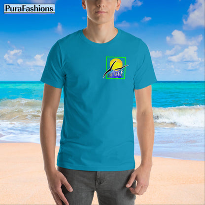 "Front View: Aqua Blue Tee featuring 'Live Free' Typography and a Subtle Sun & Seagulls Design. Get yours at PuraFashions.com. #EmbraceFreedom"