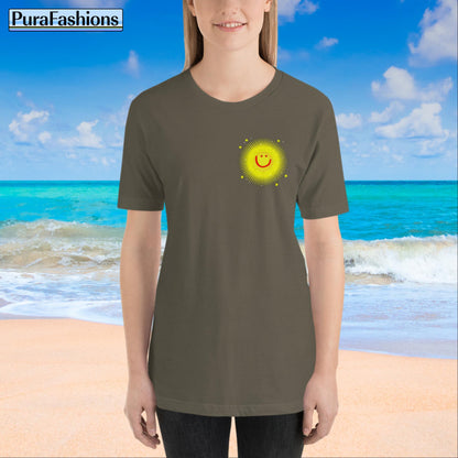 "Front view of a woman wearing an army green T-shirt with a small happy face sun and a few stars on the chest. The T-shirt also has a large happy face sun, stars, and the text 'You're My Sunshine' on the back. Available at PuraFashions.com."