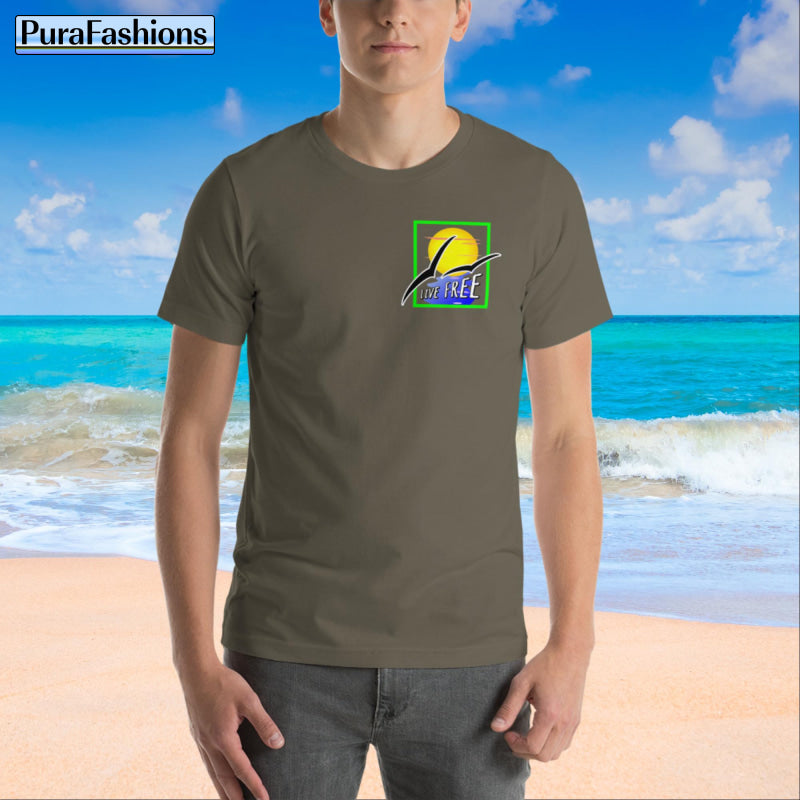 "Front View: Army Green Tee featuring 'Live Free' Typography and a Subtle Sun & Seagulls Design. Grab yours at PuraFashions.com. #EmbraceFreedom"
