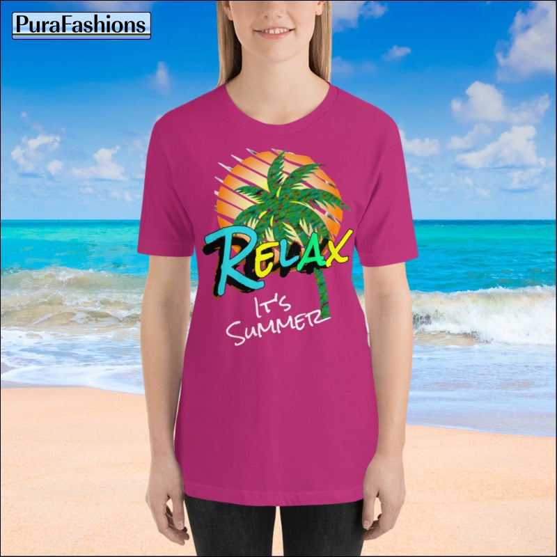 "Indulge in Summer Bliss: Dive into the Season with our Berry Red Tee featuring Tropical Delights. Available now at PuraFashions.com! 🍓🌴 #RelaxInStyle"