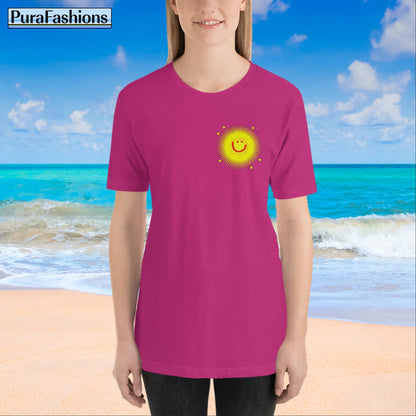 A woman wearing a berry red T-shirt featuring a small happy face sun and stars on the front. The T-shirt also has a large happy face sun, stars, and the text "You're My Sunshine" on the back. The front view of the T-shirt is shown. Available at PuraFashions.com.