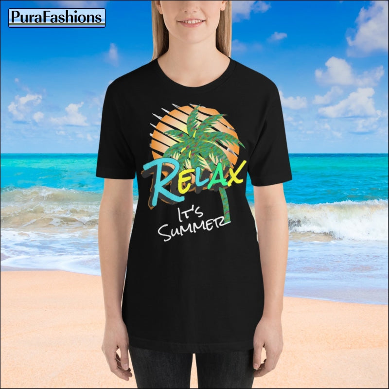 "Embrace Summer Serenity: Feel the Vibes with our Chic Black Tee adorned with Tropical Charm. Available exclusively at PuraFashions.com! 🌴☀️ #RelaxInStyle"