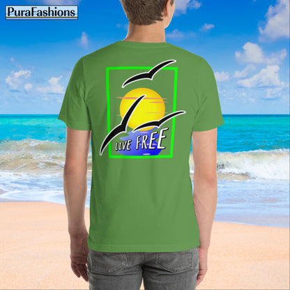 "Embrace Freedom: Leaf Green Tee with 'Live Free' - Feel the Sun's Warmth & the Seagulls' Flight. Available at PuraFashions.com"