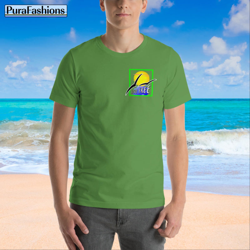 "Front view of a man wearing a leaf green T-shirt with 'Live Free' text and a sun & seagulls design. Available at PuraFashions.com."