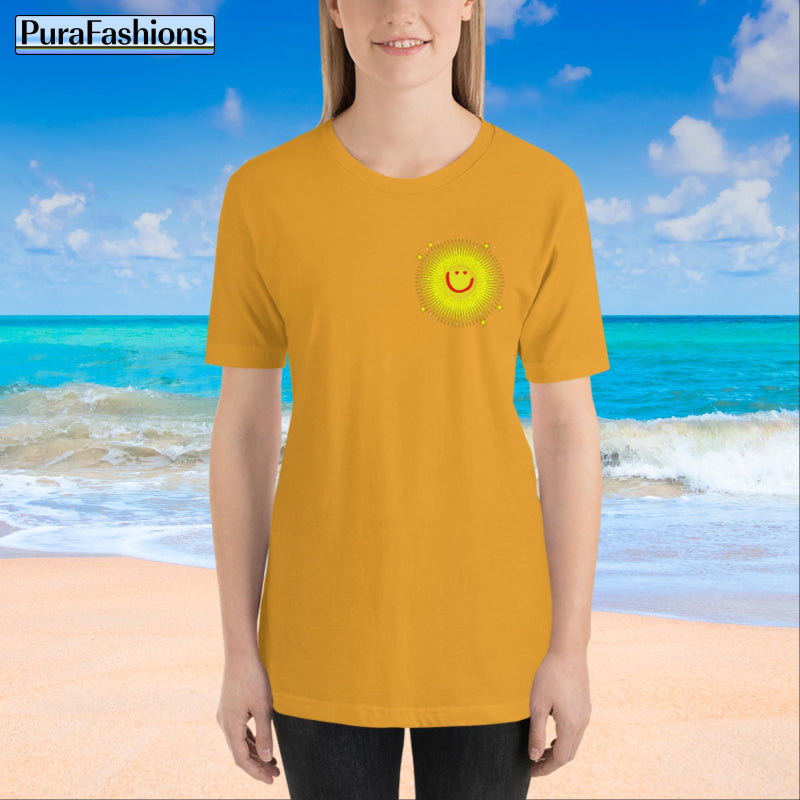 "Front view of a woman wearing a mustard yellow T-shirt with a small happy face sun and a few stars on the chest. The T-shirt also features a large happy face sun, stars, and the text 'You're My Sunshine' on the back. Available at PuraFashions.com."