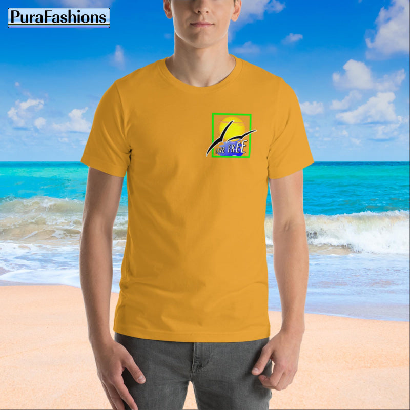 "Mustard Yellow Tee: Embrace Freedom with Style! 🌞 Dive into the sunny vibes with our 'Live Free' tee featuring a vibrant mustard hue, adorned with a charming sun and playful seagulls. Available at PuraFashions.com. Let the world know your spirit with this uplifting design! #LiveFree #PuraFashions"