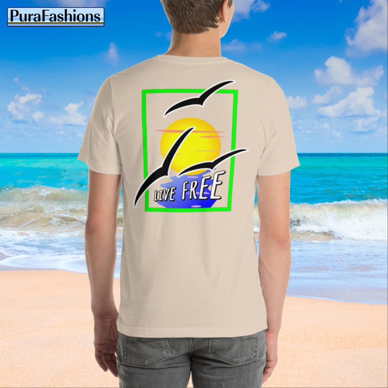 "Embrace Freedom: Soft Cream T-Shirt with 'Live Free' Message & Sunny Seagull Design - PuraFashions.com"