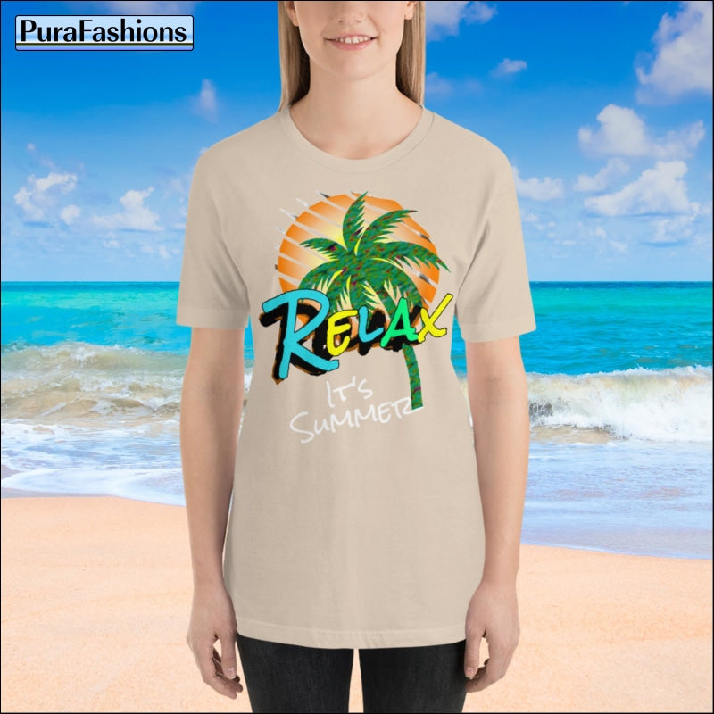 "Summer Dreams in Soft Cream: Relax in our Tropical-themed Tee, a must-have for the season! Available exclusively at PuraFashions.com. 🏝️☀️ #RelaxInStyle"