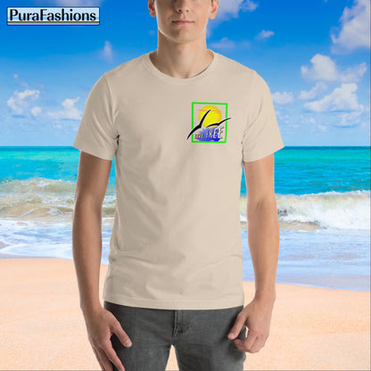 "Front view of a man wearing a soft cream T-shirt featuring 'Live Free' text and a charming design with a sun and seagulls, available at PuraFashions.com."