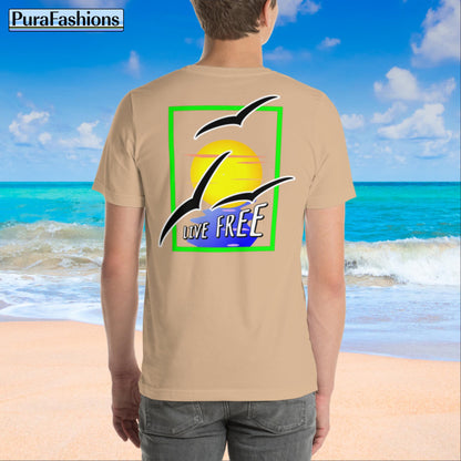 "Embrace the Radiance: Tan T-Shirt with 'Live Free' Motif and Sunny Seagull Design - Dive into Freedom with PuraFashions.com"