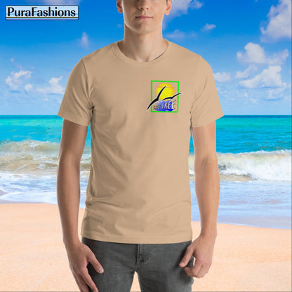 "Front View: Tan T-Shirt featuring 'Live Free' Text and a Stylish Sun-Seagull Design - Explore Liberation at PuraFashions.com"