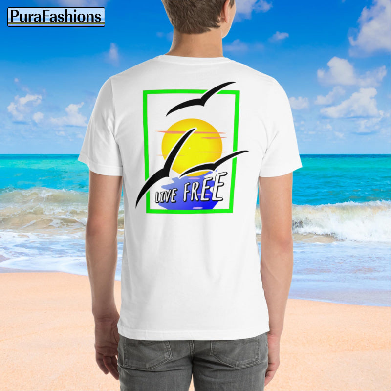 "Embrace the Sunshine: "Live Free" White T-shirt, Back View - Let the warmth of freedom radiate with our vibrant design featuring a sun and seagulls. Available at PuraFashions.com. 🌞 #LiveFree #PuraFashions"