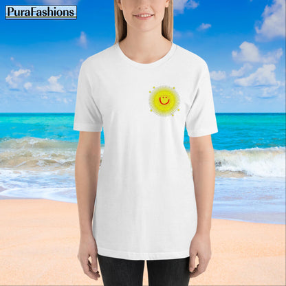 "Front view of a woman wearing an white T-shirt with a small happy face sun and a few stars on the chest. The T-shirt also features a large happy face sun, stars, and the text 'You're My Sunshine' on the back. Available at PuraFashions.com."