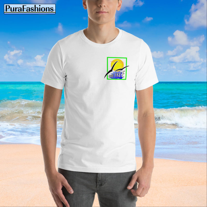"Front View: "Live Free" White T-shirt - Feel the breeze of freedom in our stylish tee adorned with a subtle sun and seagulls design. Available now at PuraFashions.com. ☀️ #LiveFree #PuraFashions"