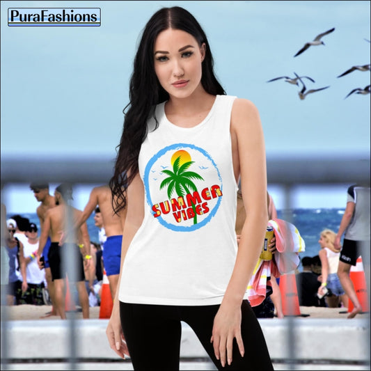 Ladies Summer Vibes Muscle Tank T-Shirt | PuraFashions.com
