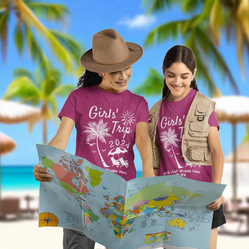 "Mom & Daughter Duo: Girls Trip 2024 Edition! Twinning in trendy berry red tees featuring the exclusive Girls Trip 2024 design. Discover the perfect match for your next adventure at PuraFashions.com and create cherished memories together!"