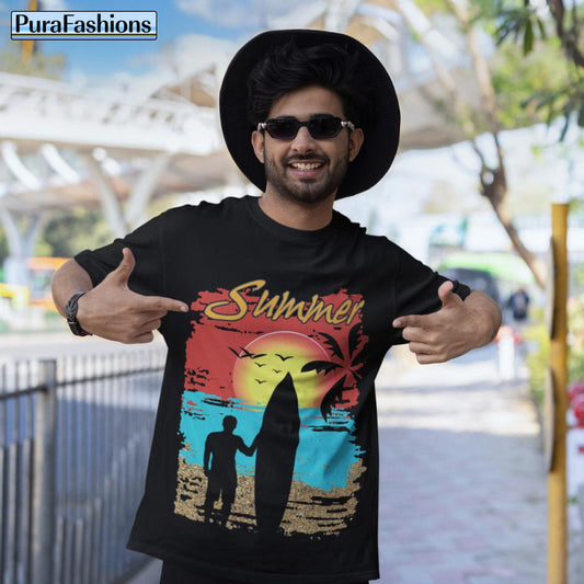 "Get into the summer groove with our latest black tee! Featuring a vibrant 'Summer' text design amidst a picturesque tropical beach backdrop, complete with a silhouette of a laid-back surfer dude. Embrace the sunny vibes and grab yours now at PuraFashions.com!"