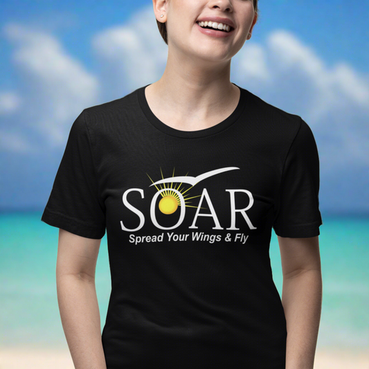 "Empower Your Flight: Black T-Shirt with 'SOAR' Emblem - Let the Sun and Seagull Inspire You! 'Spread your wings & fly' - Available at PuraFashions.com"