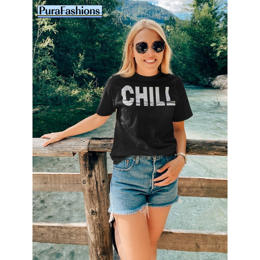 "Effortlessly cool vibes: Embrace relaxation in our black 'CHILL' tee! Available now at PuraFashions.com 🖤 #StayChill #FashionForward"