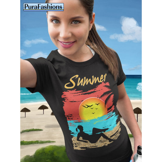 "Embrace the summer vibes with our chic black T-shirt featuring a stunning tropical beach design and the word 'Summer' in bold letters. Available now at PuraFashions.com, your perfect companion for sunny days ahead."