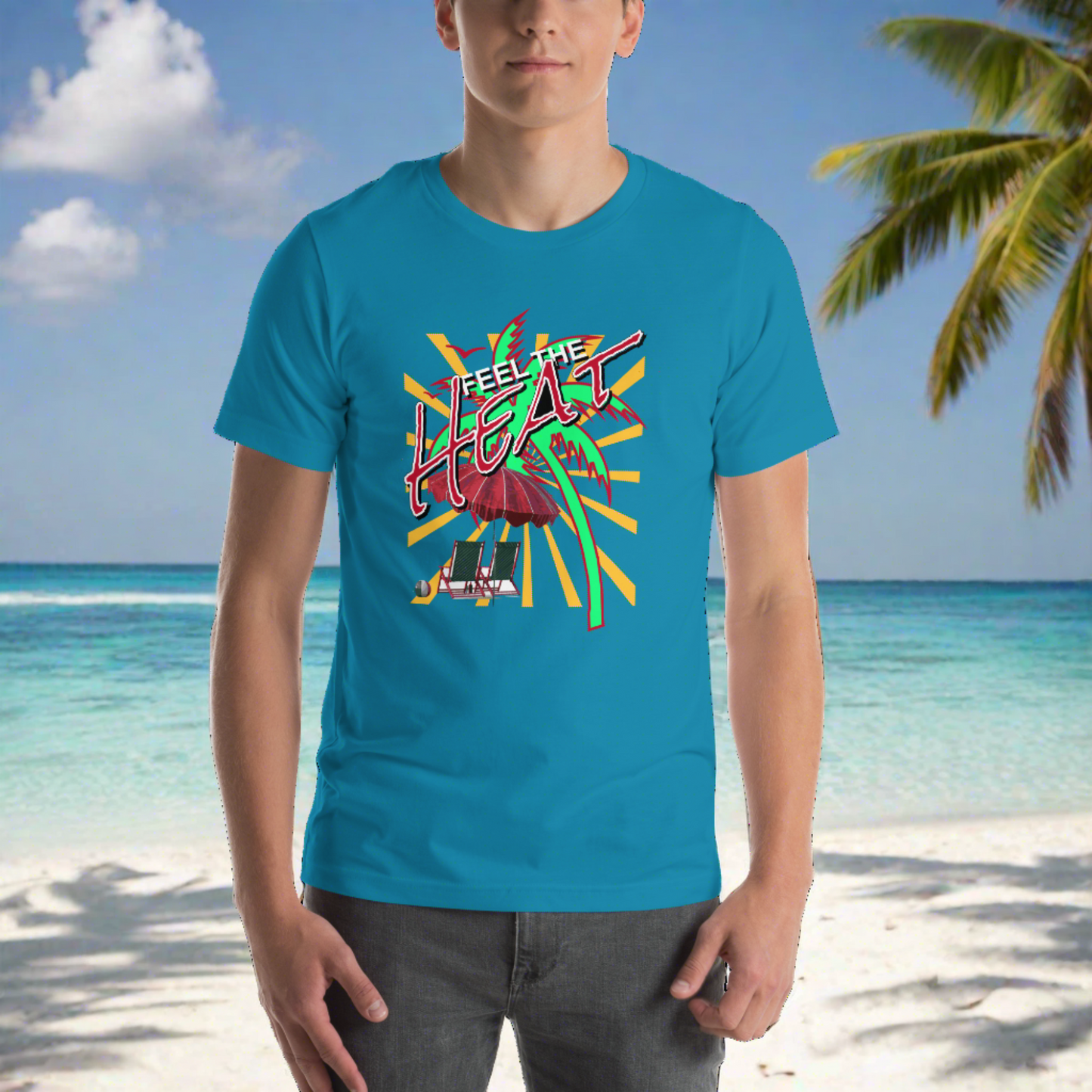 "Chill in Style: Ride the Waves with our Aqua 'Feel the Heat' Tee! 🏖️☀️ Get Yours at PuraFashions.com 🔥 #TropicVibes #BeachLife #SummerEssentials"