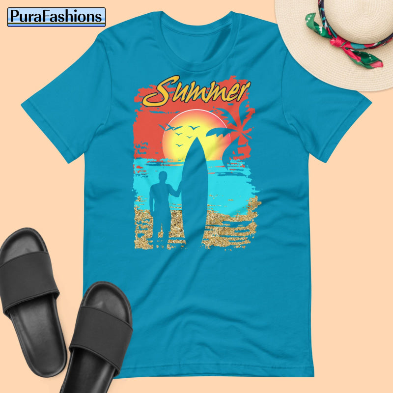 "Dive into summer vibes with our refreshing aqua tee! Emblazoned with the word 'Summer' in bold lettering, set against a tranquil tropical beach backdrop and featuring the silhouette of a laid-back surfer holding a surfboard. This vibrant design encapsulates the essence of sunny days and beach adventures. Find yours now at PuraFashions.com!"