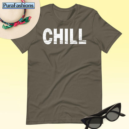"Embrace tranquility in our army green 'CHILL' tee! Effortlessly stylish and ready for relaxation. Available at PuraFashions.com 🌿 #StayChill #CasualCool"