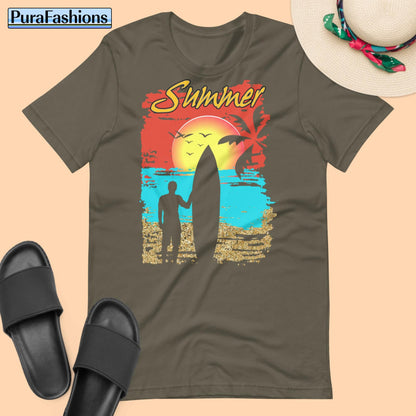 "Embrace summer in style with our army green tee! Decorated with the word 'Summer' in standout lettering, set against a captivating tropical beach scene and featuring the silhouette of a relaxed surfer holding a surfboard. This laid-back yet trendy design is perfect for soaking up the sun. Available now at PuraFashions.com. Get yours today!"