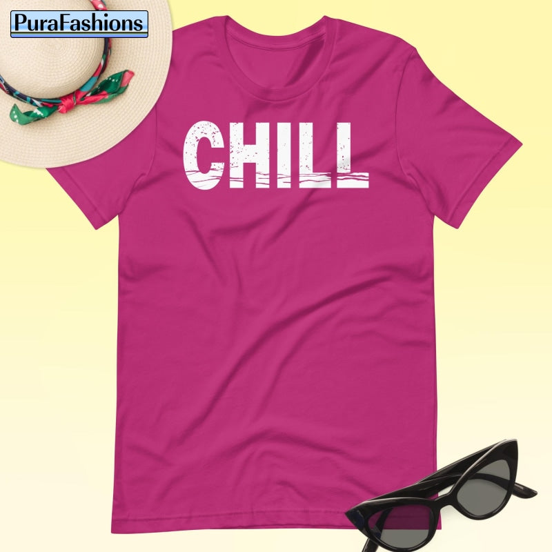 "Unwind in vibrant style with our berry red 'CHILL' tee! Effortlessly cool and perfect for any occasion. Get yours at PuraFashions.com 🍒 #ChillOutInColor #FashionForward"