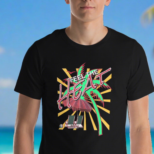 "Embrace the Tropic Vibe: Dive into Summer with our 'Feel the Heat' Black Tee! 🌴☀️ Shop the Look at PuraFashions.com 🔥 #BeachVibes #TropicStyle #SummerEssentials"