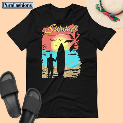 "Capture the essence of summer vibes with our chic black tee! Featuring the word 'Summer' in stylish lettering, accompanied by a serene tropical beach scene and the silhouette of a cool surfer dude holding a surfboard. This laid-back yet trendy design is perfect for embracing the sunny days ahead. Available now at PuraFashions.com. Get yours today!"