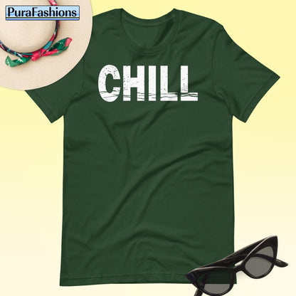 "Find serenity in our forest green 'CHILL' tee! Effortlessly stylish and perfect for your laid-back moments. Available now at PuraFashions.com 🌲 #RelaxInStyle #ChillVibes"