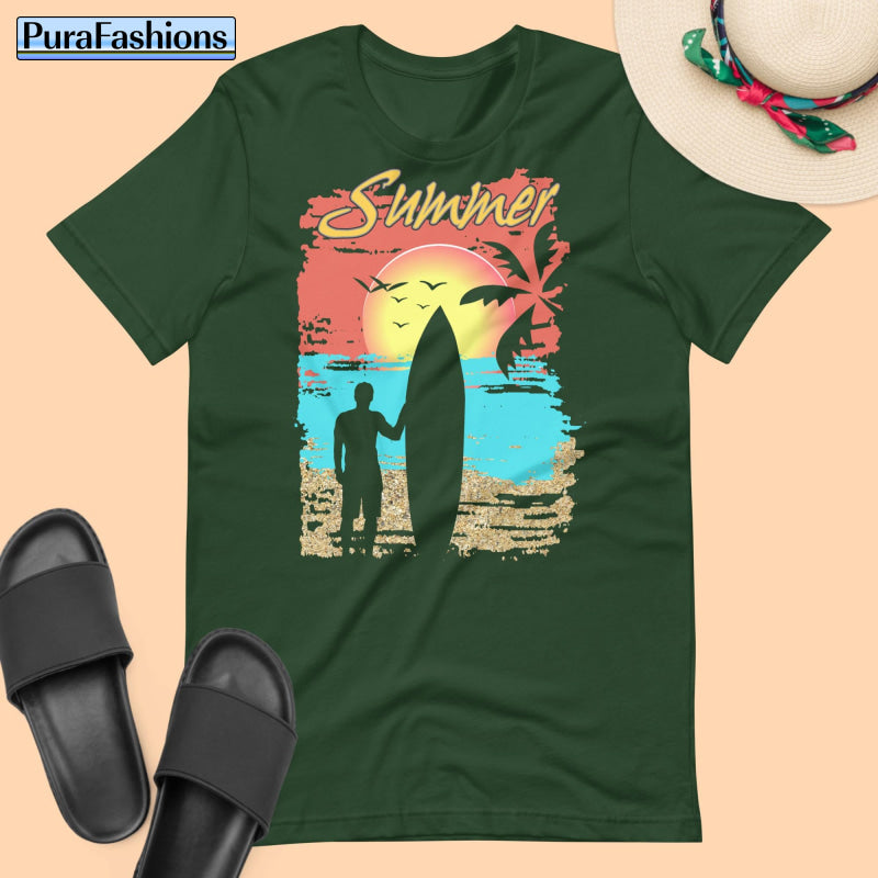 "Elevate your summer style with our forest green tee! Featuring the word 'Summer' in bold lettering, set against a stunning tropical beach backdrop and adorned with the silhouette of a relaxed surfer holding a surfboard. This laid-back design captures the essence of beach vibes. Available now at PuraFashions.com. Get yours today!"